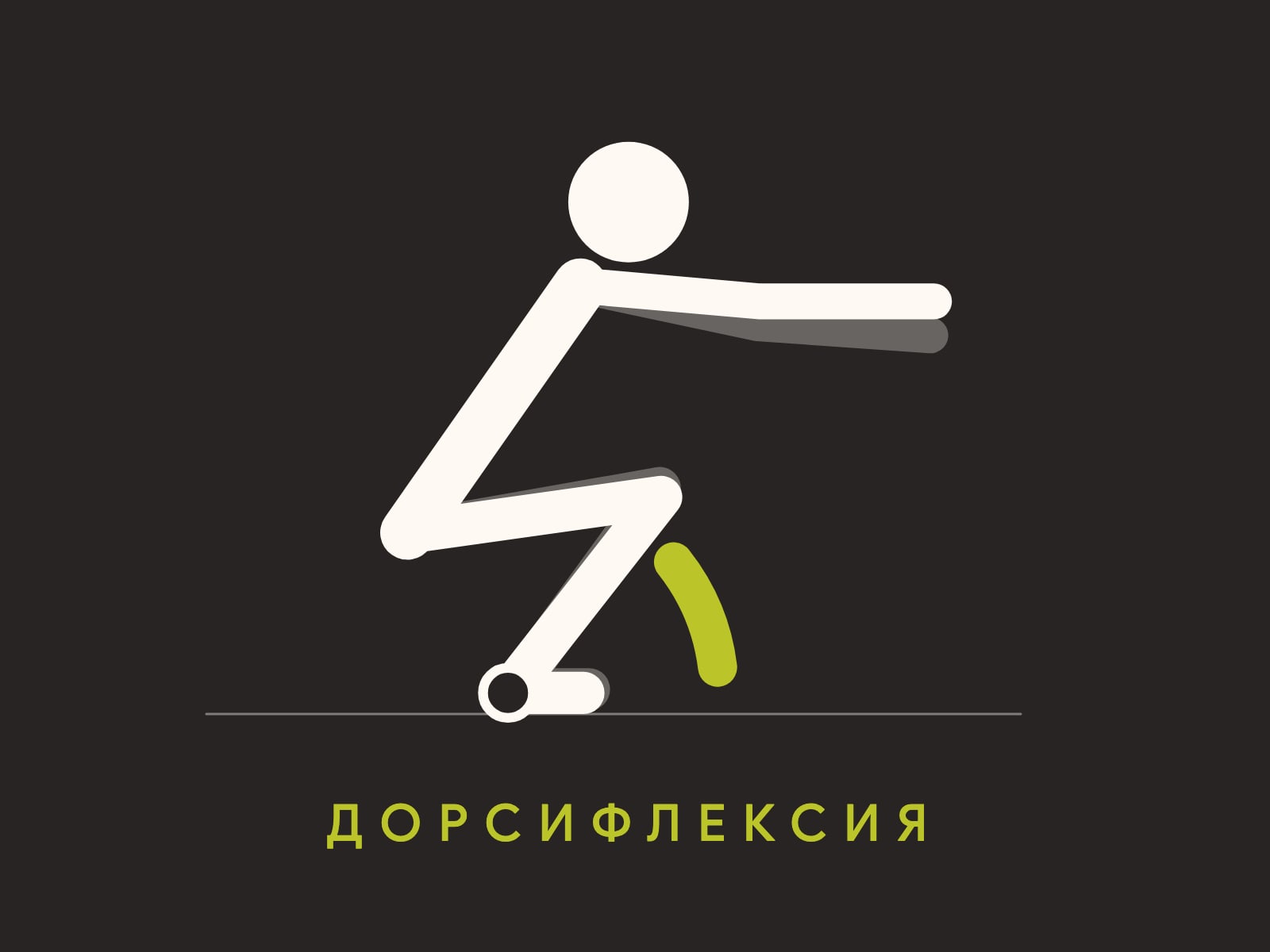 Пиктограма: човек в дълбок клек, петите на пода, подбедрицата е наклонена напред, зелена дъга при глезена