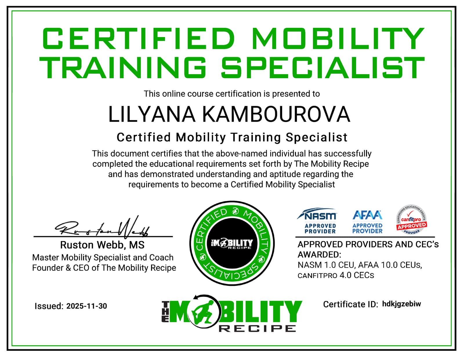 Certified Mobility Training Specialist · The Mobility Recipe